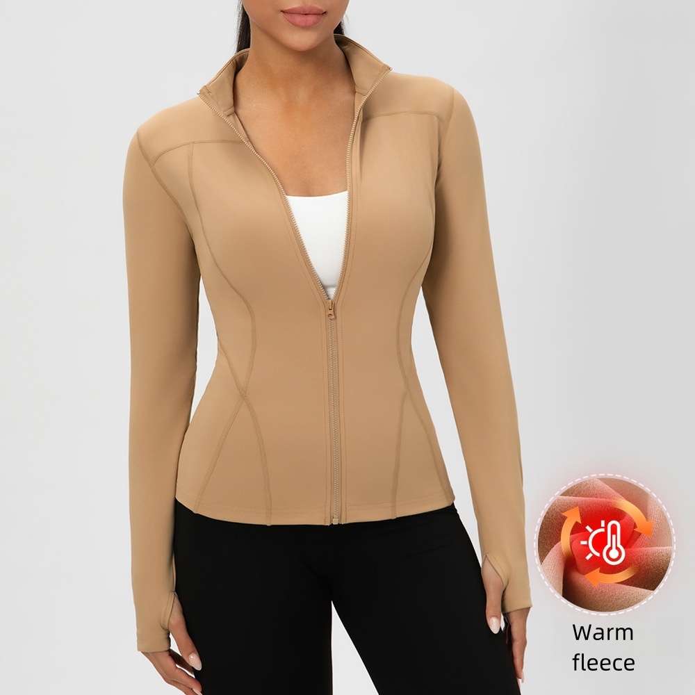 Women's Zipper Yoga Fleece Standing Collar Waist Cinching Slimming Running And Fiess Top Quick Drying Tight Fitting Sports Jacket