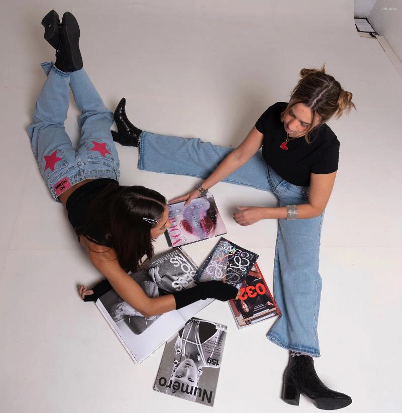 Women's Jeans ONE DILEMMA Five-Pointed Star Rivet Design Fashion Street Harajuku Baggy Women Clothing Casual Straight Denim Pants