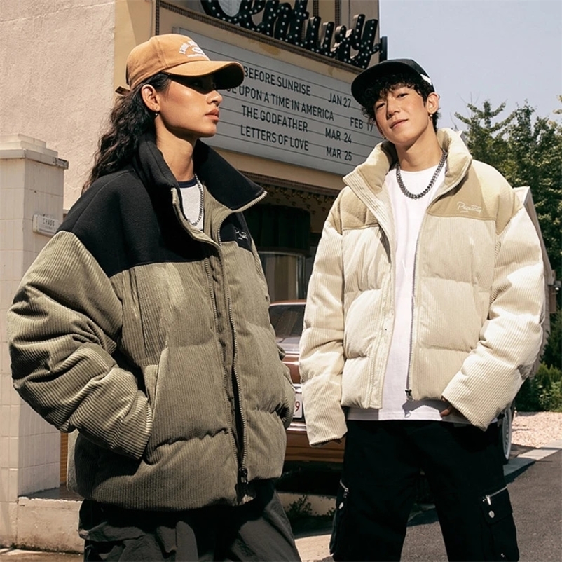 Men's Down Parkas Winter Warm Cotton Jacket Men's Thickened Corduroy Bread Suit Contrast Color Stitching American Vintage Cotton Coat Jacket