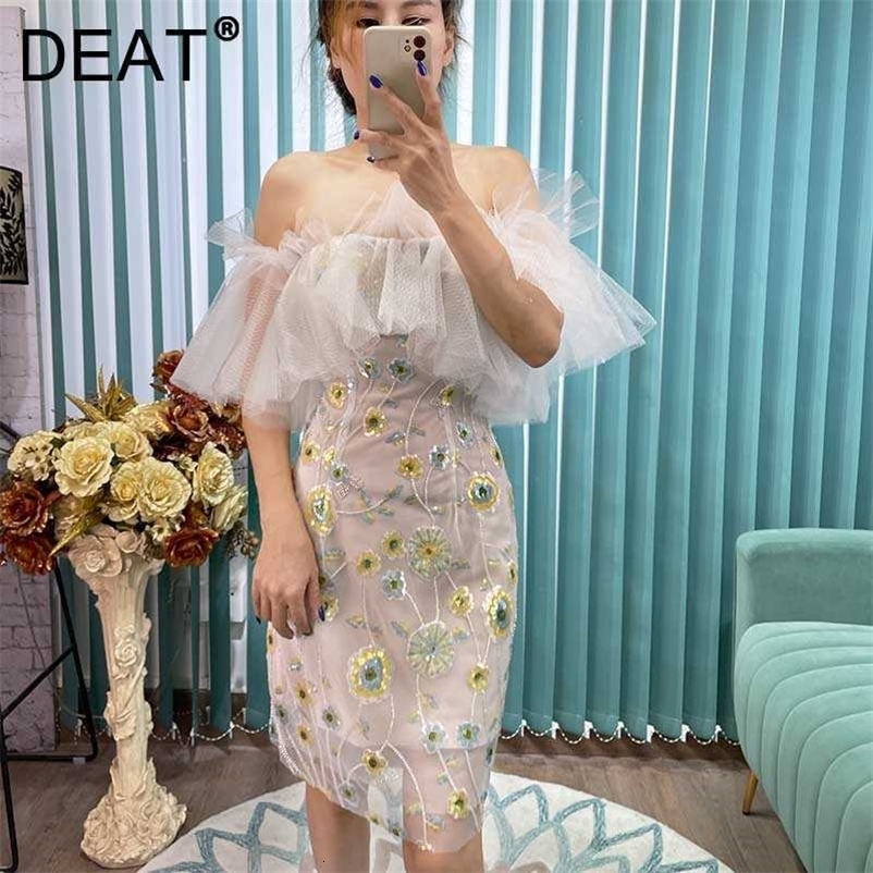DEAT Women Mesh Dress Short Sleeve Arrivals Lady Sexy Temperament Fashion Spring Summer 11D1873 210709