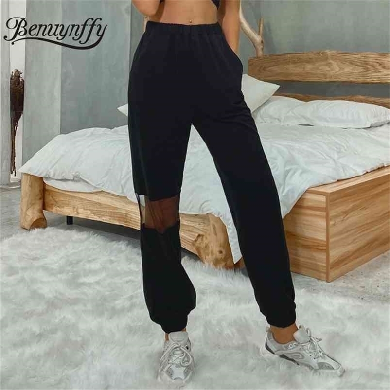 Black Mesh Patchwork Knit Sweatpants Women Spring Autumn Pockets High Waist Streetwear Casual Ladies 210510