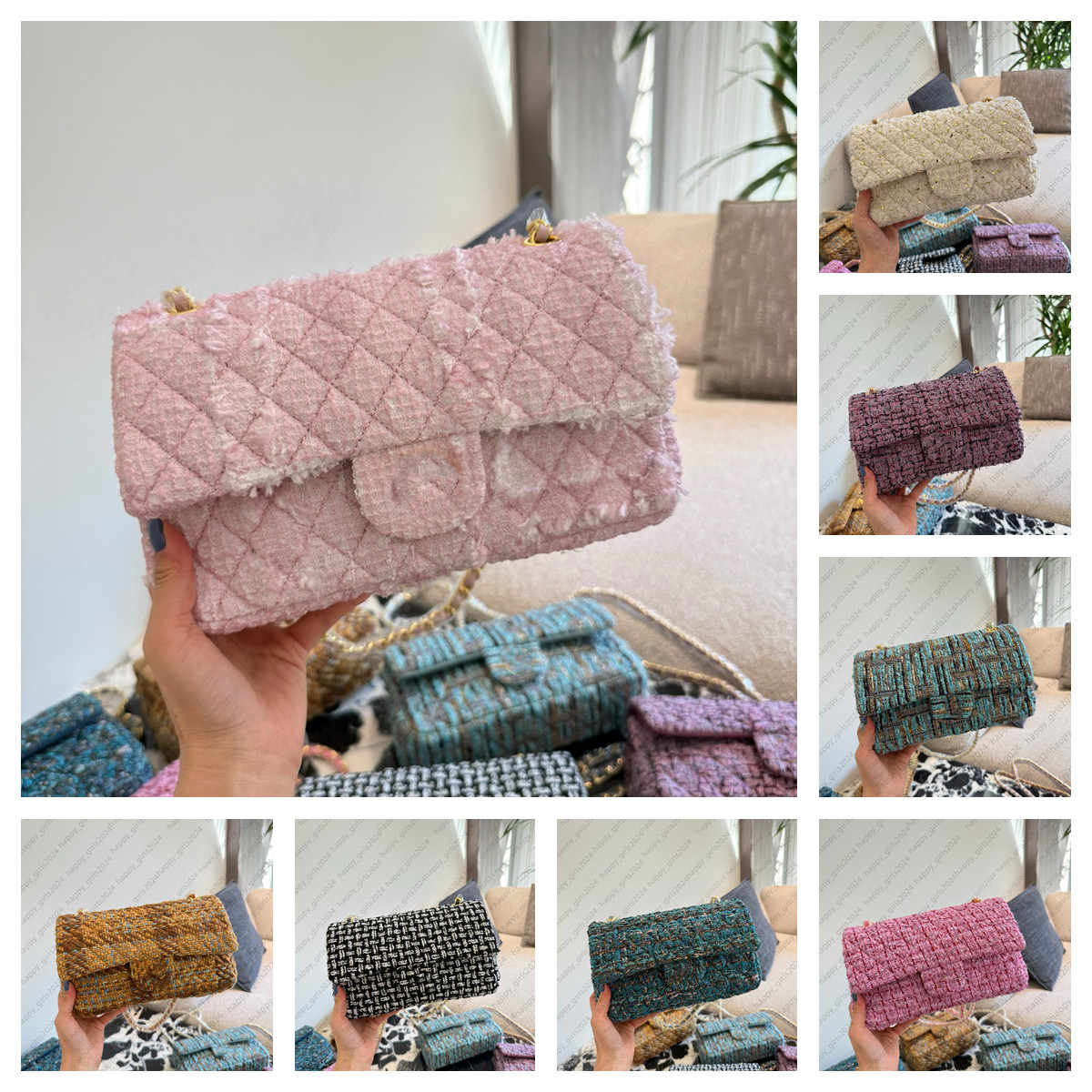 Designer CF Shoulder bag luxury chains flap Purse Woman Tweed CC Crossbody wallet sacoche bag lady messenger 25cm tote bag fashion pink purses handbag satchels hobo