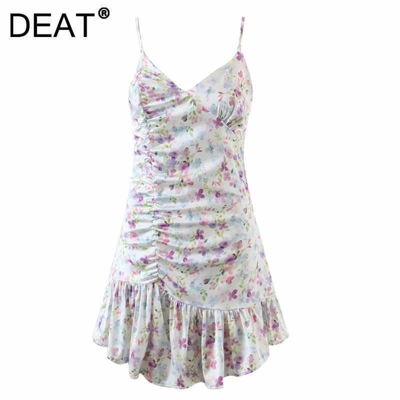 DEAT Women Ruffles Printing Sling Dress V-neck Sleeveless Arrivals Lady Sexy Temperament Fashion Spring Summer 11D1703 210709
