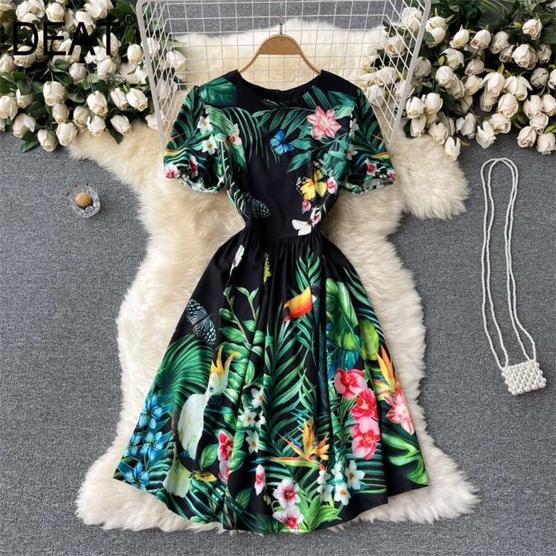 DEAT Women Printing Sandy Beach Dress Round Neck Short Sleeve Arrivals Lady Temperament Fashion Spring Summer 11D610 210709