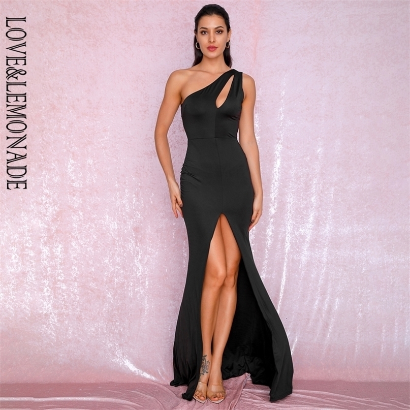 LOVE&LEMONADE Sexy Black One-Shoulder Cut Out Bodycon Elastic Material Split Party Maxi Dress LM81921 T200604