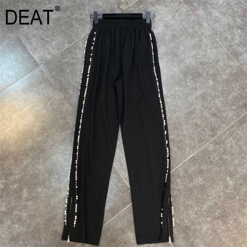 DEAT Women Black Beaded Personality Wild Straight Pants Arrivals Temperament Fashion Spring Summer 11D738 210709