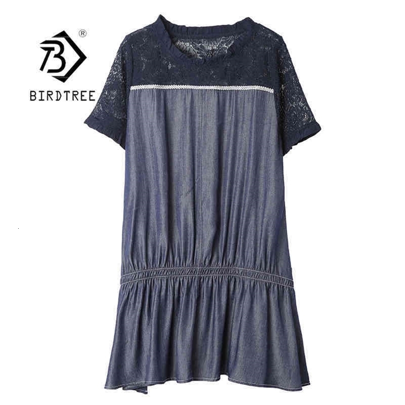 Vintage Plus Size A-Line Lace Denim Patchwork Women Spring Summer Short Sleeve Jeans Ladies Loose Midi Shirt Dress D12801X 210416
