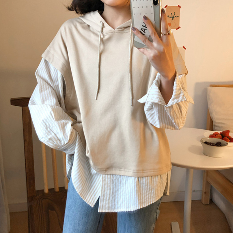 autumn preppy style faux two pieces stripe hoodies womens sweatshirts and pullovers (F3935) 210423