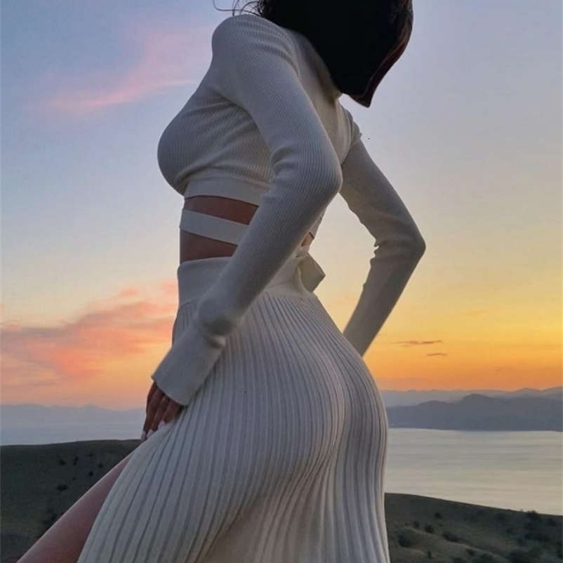 Two Piece Dress Elegant Knitted Sweater Long Skirts Set Women Chic Crop Top And Button Pleated Outfit Sexy Split Suits 230325