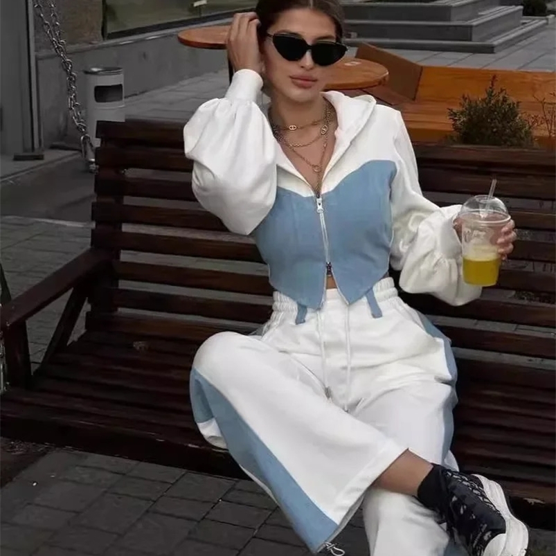 Casual Comparison Hoodie Pants Set Womens Ultra Thin Zipper Short Hoodie Lace Wide Leg Pants Autumn Womens Fashion Track Clothing 250418