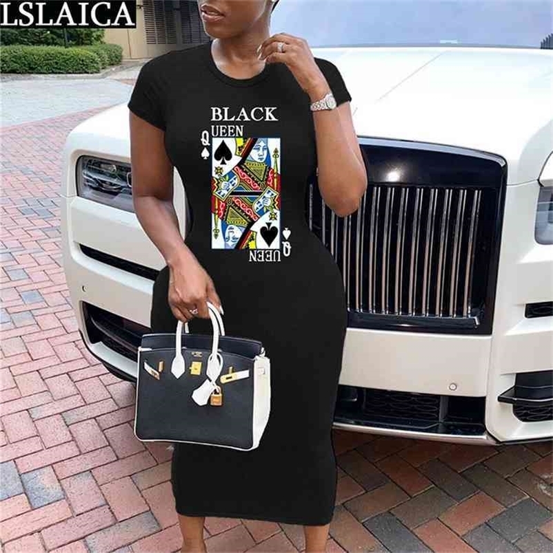 Summer Dress Fashion Poker Print Short Sleeve o Neck Women Maxi Casual Plus Size Slim Streetwear Sundress Roupas Femininas 210515