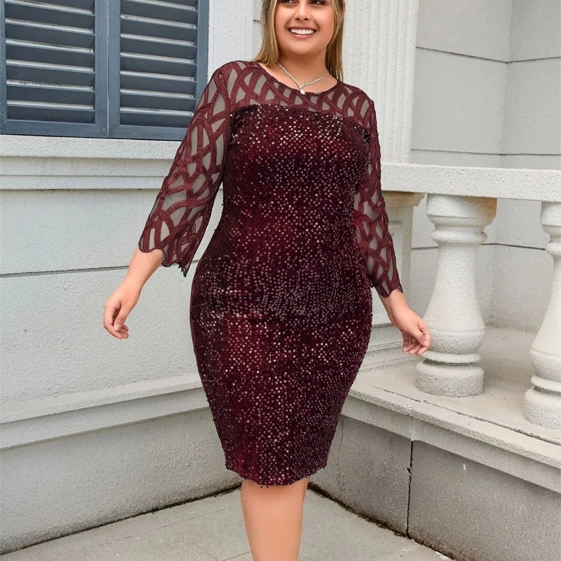 Party dress plus size womens Midi sequin mesh long sleeved lace elegant body L-4XL 5XL evening dress womens summer 250103