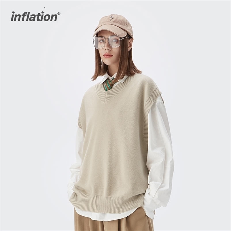INFLATION Harajuku V-neck Sweater Vest Men Women Oversized Knitted Vest Fashion Matching Sleeveless Sweater Men Pullovers 211018