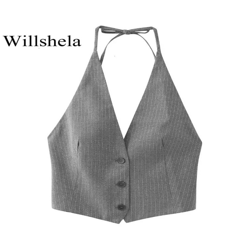 Willshela Women Fashion Striped Sleeveless Jackets Waistcoats Vintage VNeck Backless Lace Up Vest Female Chic Lady Tank Tops 240523