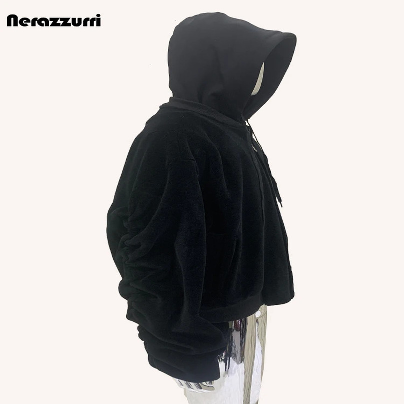 Nerazzurri Autumn Winter Cool Extra Thick Warm Black Fur Coat Mens 2-piece Clothing Hoodie Fluffy Armor Jacket 241122