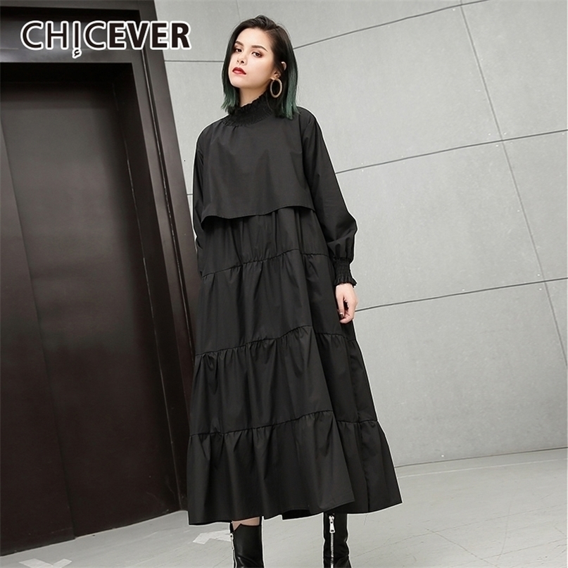 CHICEVER Autumn Black Dress For Women Loose Big Size Elastic Collar Long Sleeve Women's Dresses Female Clothes Fashion New T200320