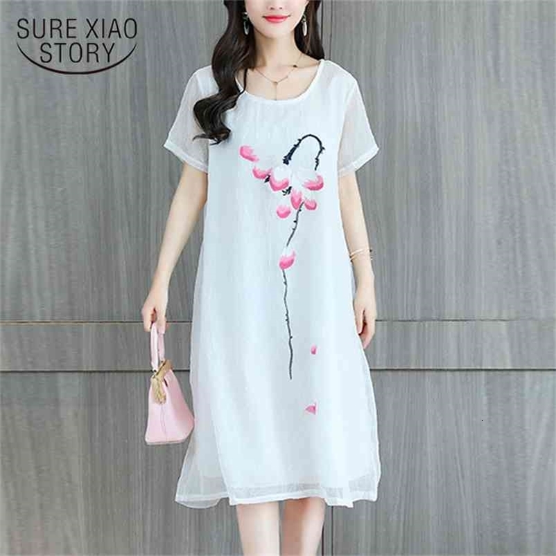 printed chiffon women dress loose plus size summer short sleeve knee length women's clothing 0273 40 210506