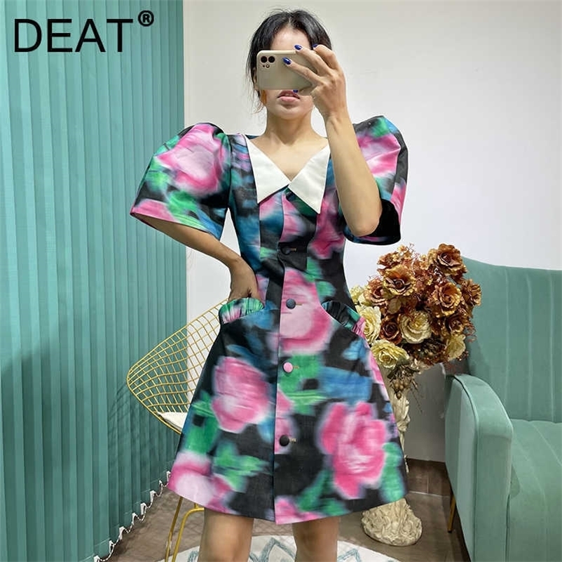 DEAT Women Printing Dress V-Neck Short Puff Sleeve Arrivals Lady Temperament Fashion Spring Summer 11D1870 210709