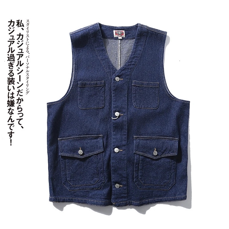 Buckle Back retro denim vest mens multi pockets workwear sleeveless jacket y2k youth 100% cotton deep blue camisole top Vintage 240704