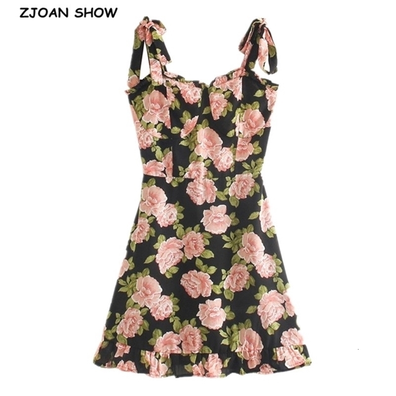 Summer Contrast Color Floral Print Women Dress Ruffles hem Tie Bow Strap Sleeveless Mini Sexy Beach Holiday Vintage 210429