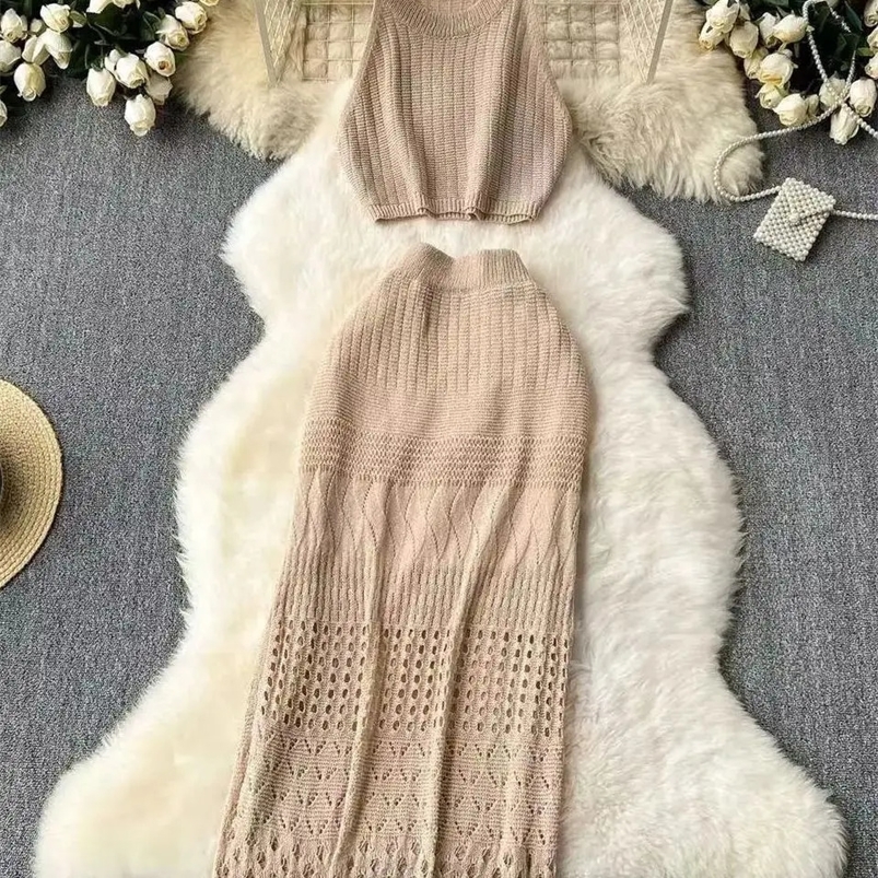 Knitted Solid Color Tank Top Texture Splicing Dress Womens Beach Sunscreen Dress Hollow Beach Dress 250423