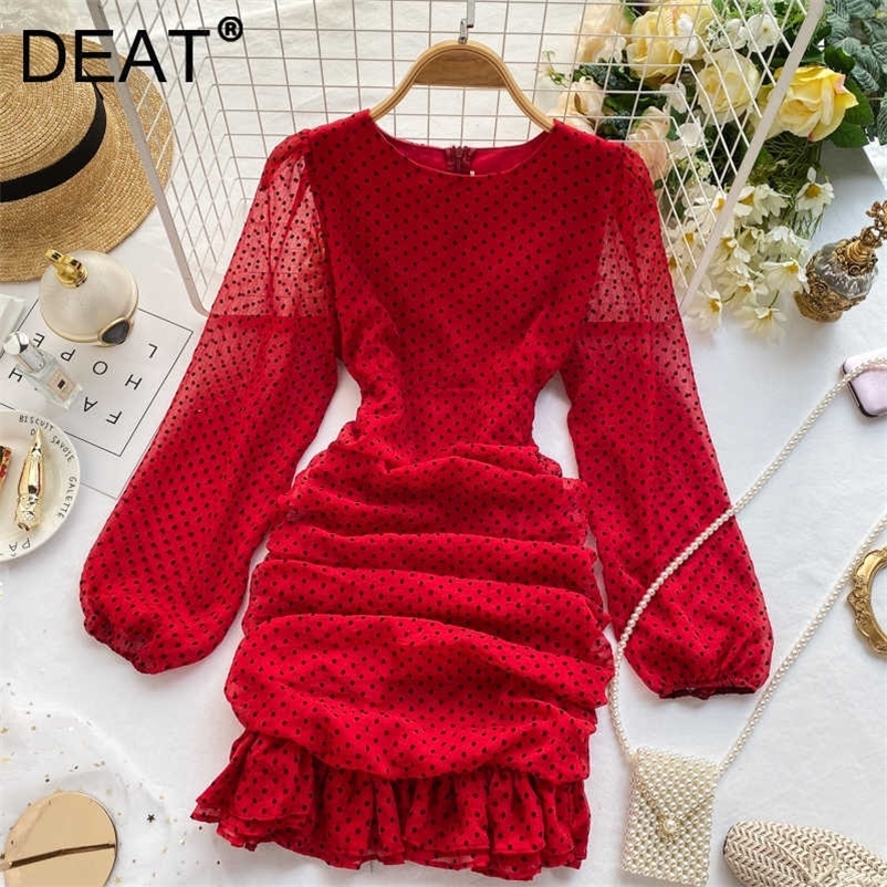 DEAT Women Spring Autumn Long Puff Sleeve Polka Dot Folds Waist Slim Ruffles Fashion Temperament Dress MI156 210709