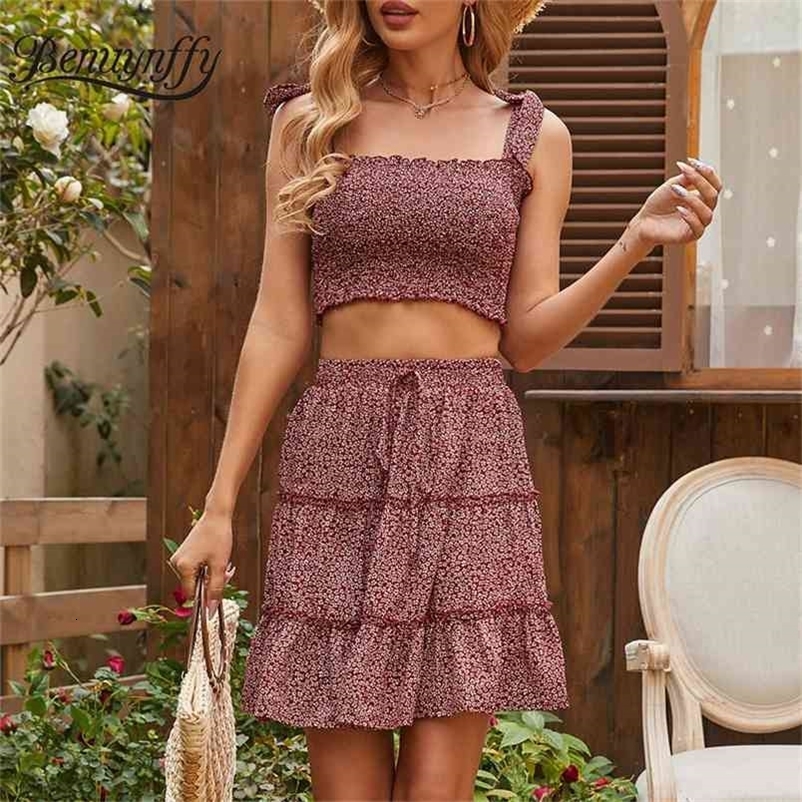Boho Casual Floral Print Two Piece Set Women Bow Strap Frill Trim Crop Top with Skirts s Summer Holiday 210510