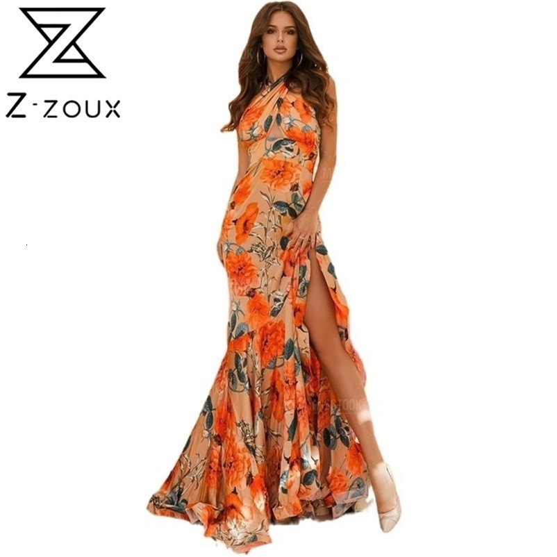 Women Dress Sleeveless Neck-mounted Printed Maxi es Split Large Hem Floral Party es Plus Size Sexy Ladies 210513