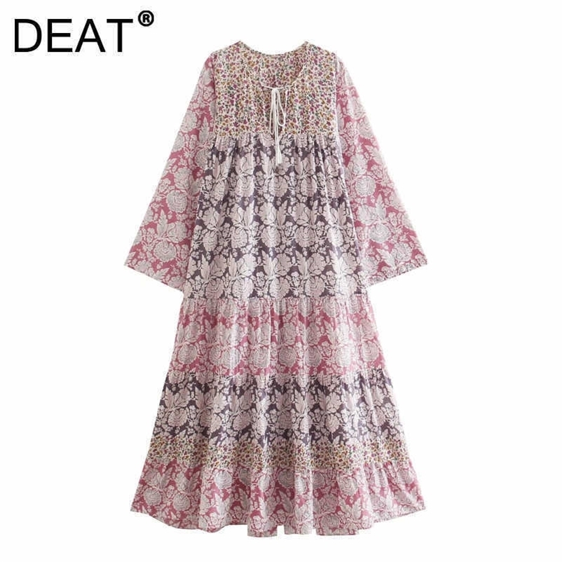 DEAT Women Printing Dress Round Neck Short Sleeve Arrivals Lady Temperament Fashion Spring Summer 11D1709 210709