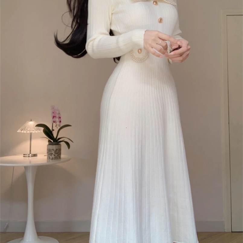 womens French knitted dress autumn slim fit A-line lapel casual knitted dress elegant long sleeved Midi dress 241125