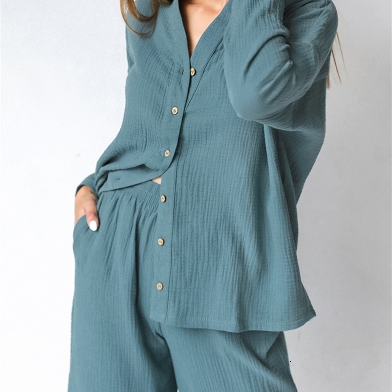 Women's Sleepwear Linad Cotton Women's Home Clothes Long Sleeve V Neck 2 Piece Sets Pajamas Loose Trouser Suits Winter Casual Female Sleepwe
