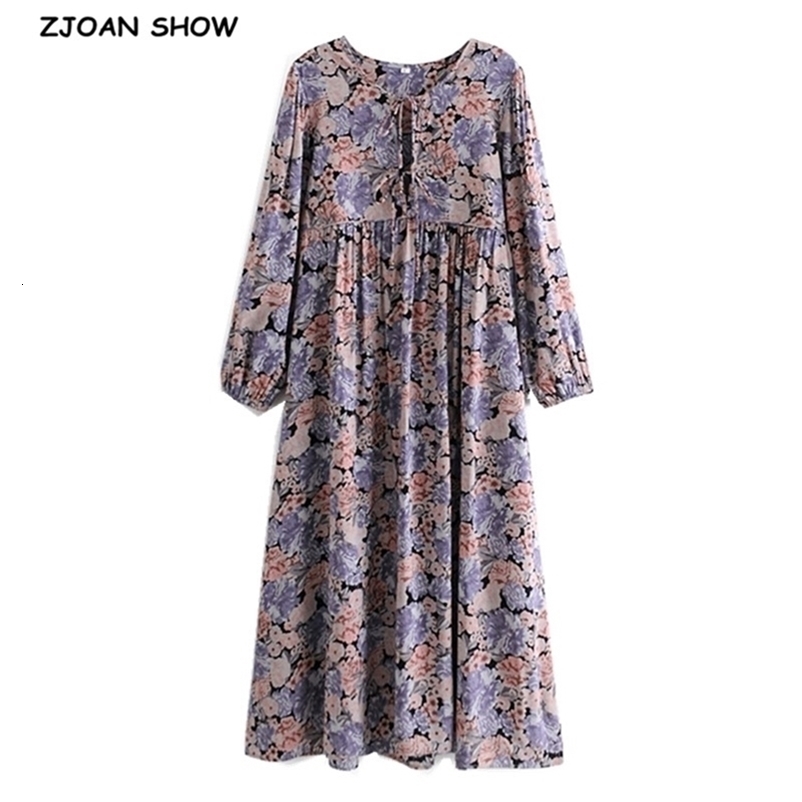 BOHO Lacing up V neck Purple Floral Print Maxi Long Cotton Dress Ethnic Woman Bandage Sleeve Dresses Holiday Vestido 210429
