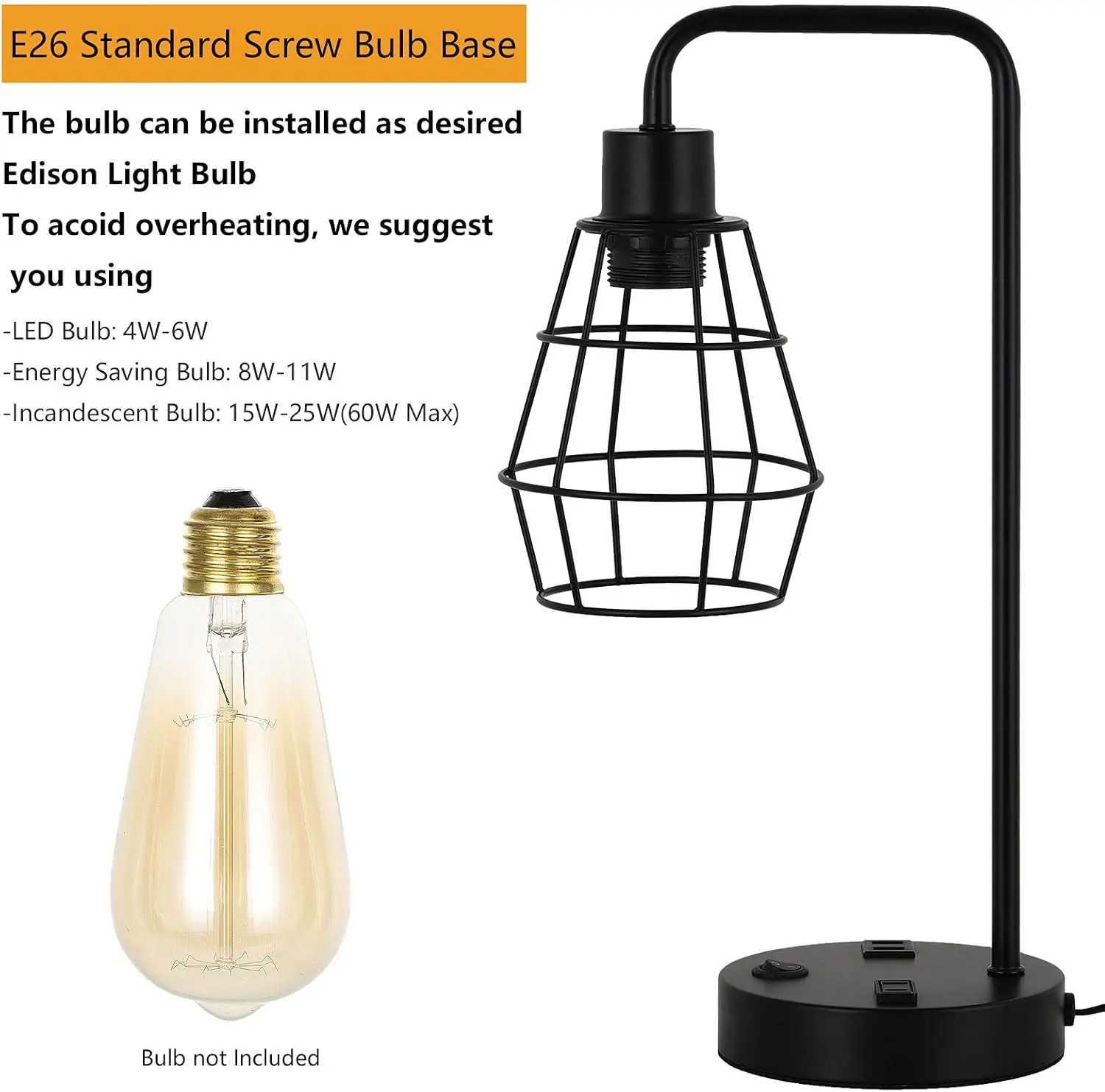 Edison 2piece bedside table reading desk lamp with dual USB charging ports and sockets C251115