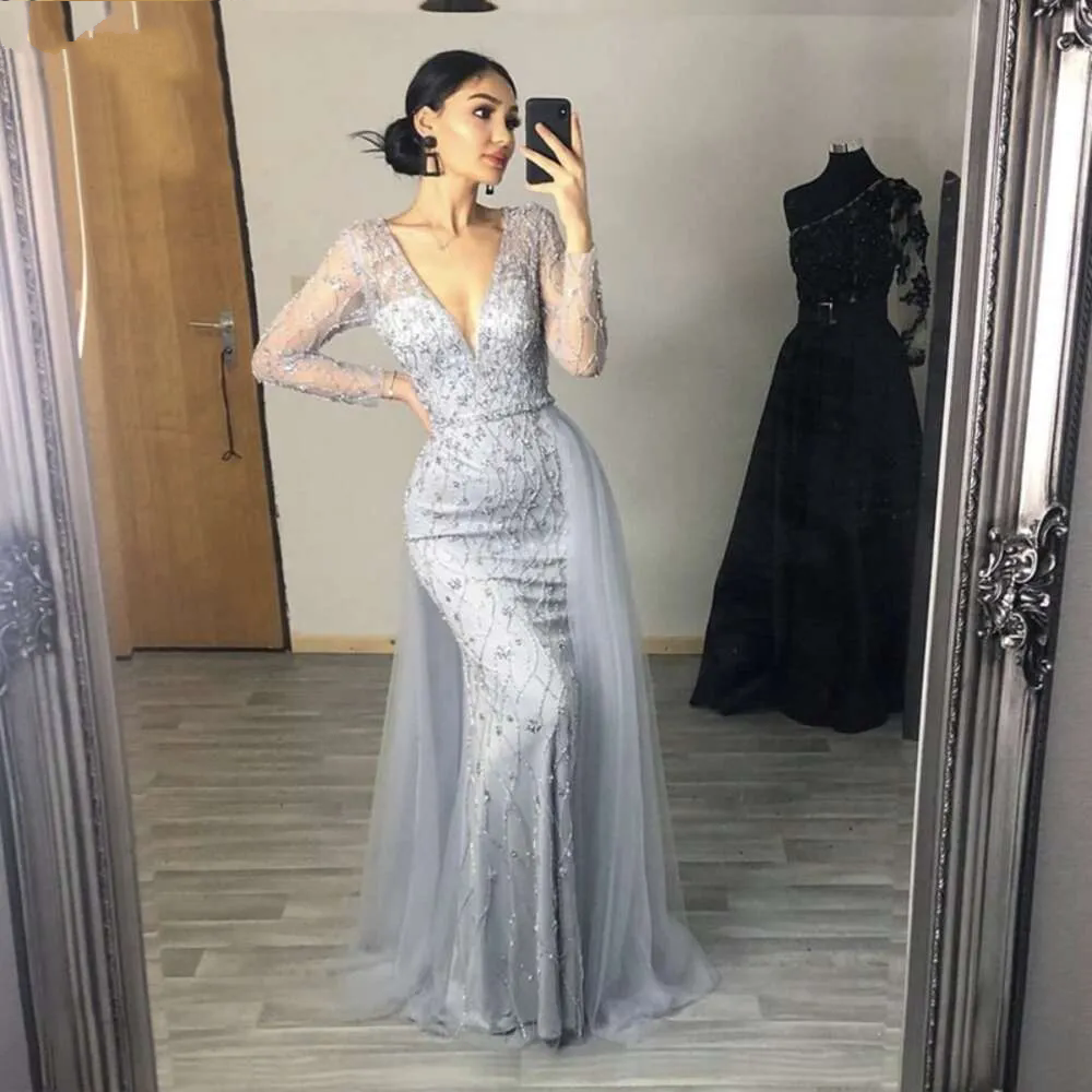 Lilac Long Sleeves Evening Dresses Dubai Elegant Diamond Mermaid Beaded Formal Party Occasion Dress Women Prom Gowns BC19642