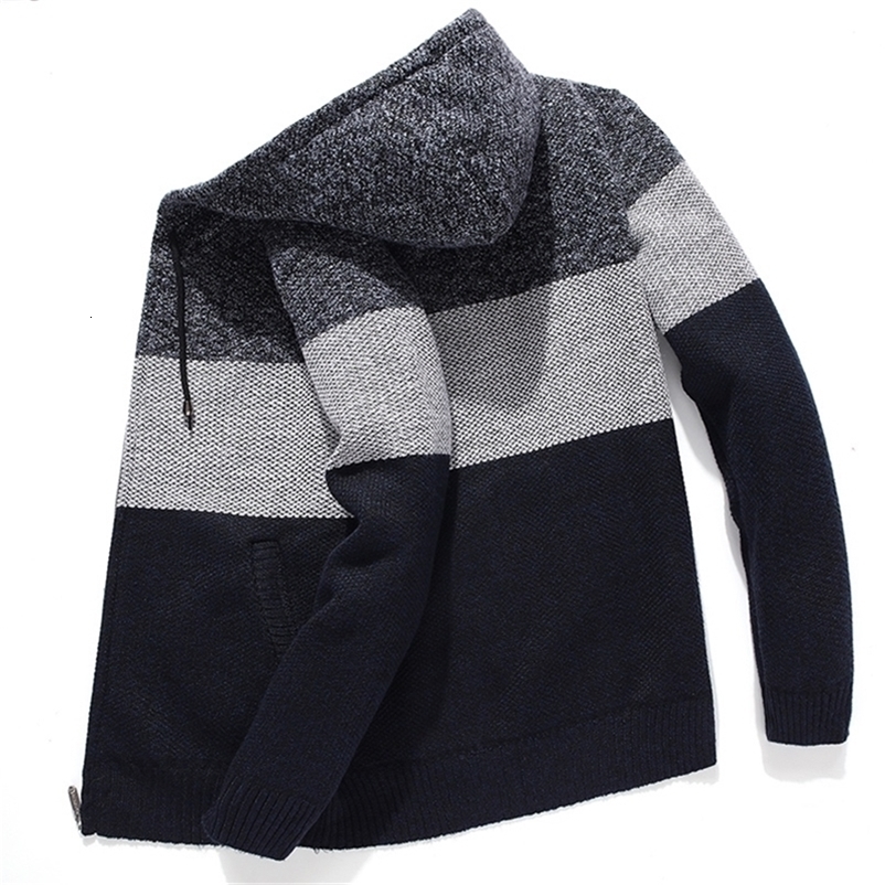 Korean Hooded Sweater Clothes For Men Fleece Knitted Striped Men's Hoodies Cardigan Coat Winter Zipper Oversized Sweater Hombre 201224