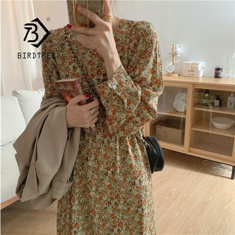 Spring Autumn Women Ladies Sleeve Boho All-Match O Neck Floral Print Robe Medium Long T-Shirt Dress T0D24C 210416