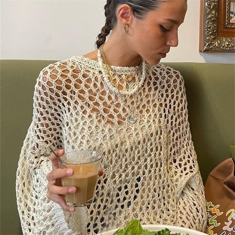 Women's Sweaters HEYounGIRL Vintage Casual Knit Sweater T-shirt Long Sleeve Y2K Hollow Out Smock Tops Loose Pullovers Tee Fashion Streetwear 2308