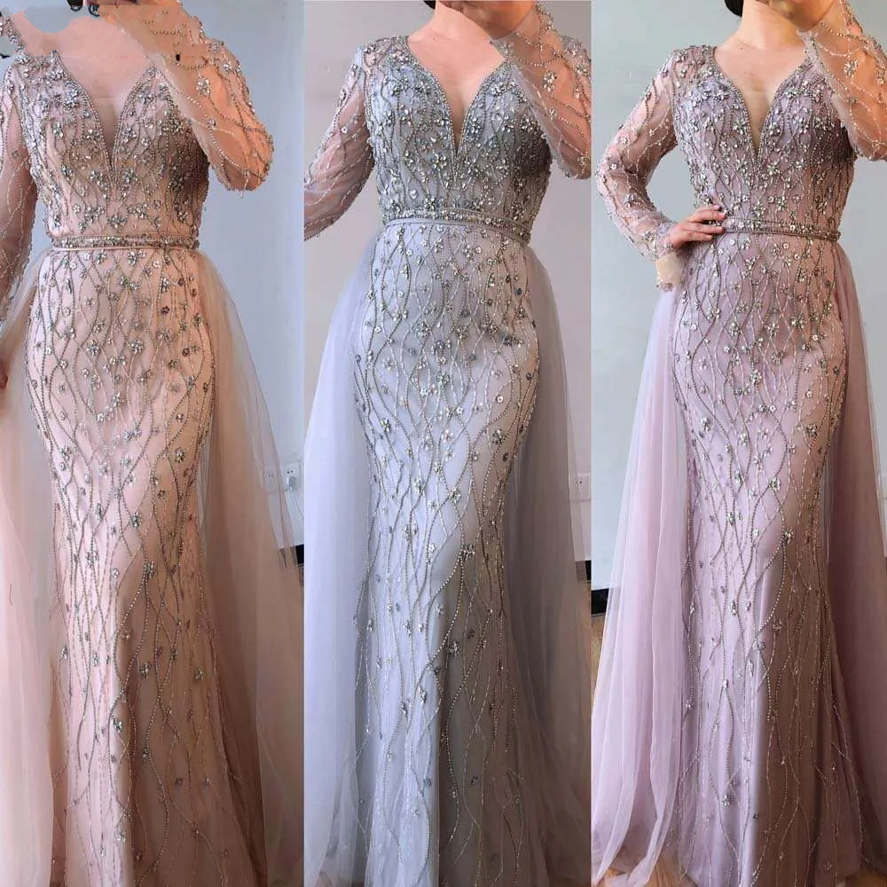 Lilac Long Sleeves Evening Dresses Dubai Elegant Diamond Mermaid Beaded Formal Party Occasion Dress Women Prom Gowns BC19642