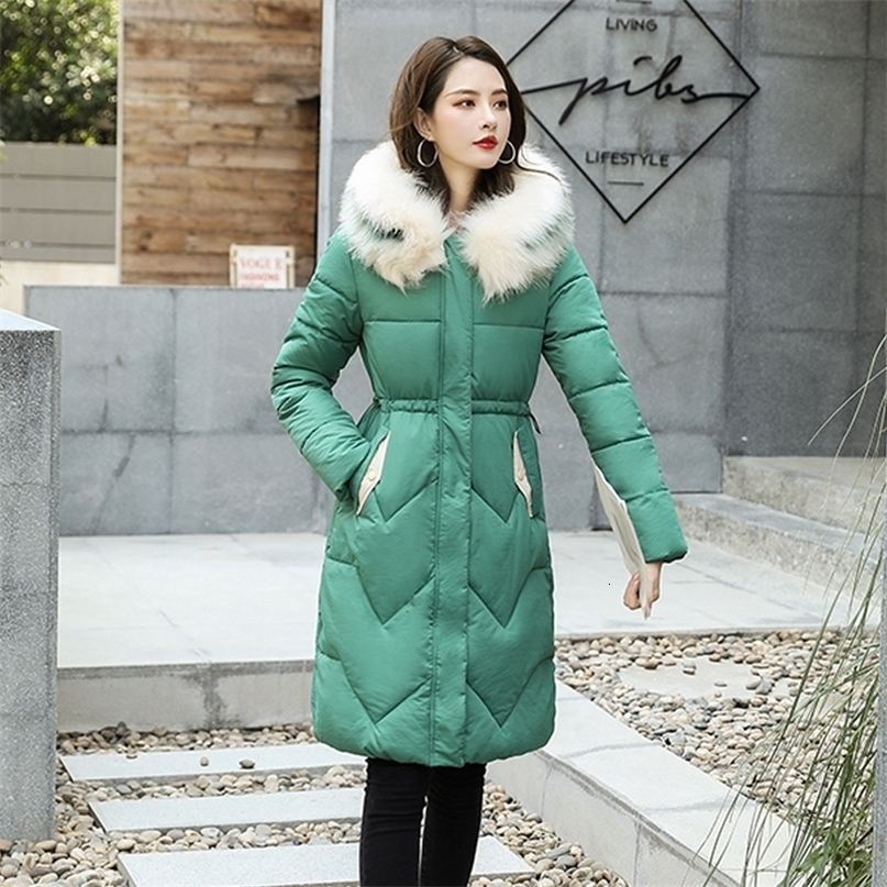 KMVEXO 2020 Autumn Winter Jacket Streetwear Women Slim Long Parkas Woman Solid Plus Size Hooded With Big Fur Thicken Female Coat T200902