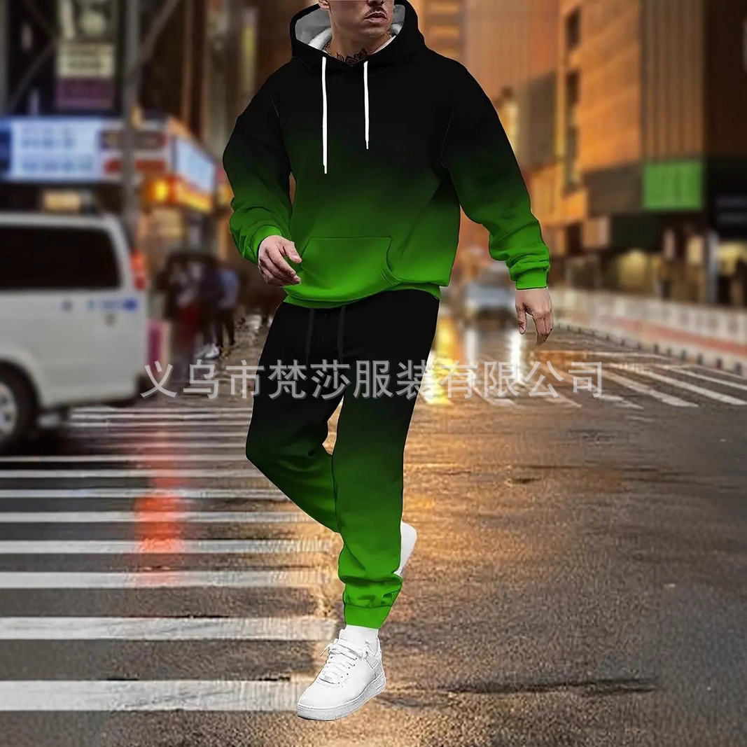 Hot-selling Men's Versatile Gradient Color 3D Digital Print Hoodie Set Breathable and Comfortable