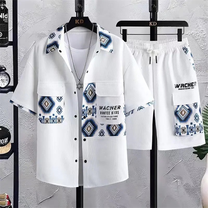 Shirt trouserssummer short sleeve mens Sets print pattern mens casual elastic waist shirts men Two-piece Suit Streetwear 240518