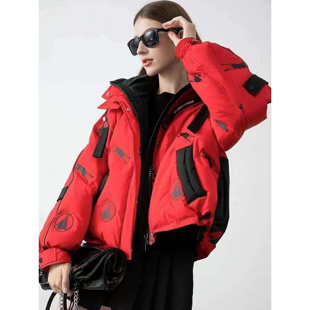 Winter Short Print Patchwork Hooded Parker Jacket Female Zipper Thicken Warm Outwears Women White Duck Down Bread Jackets