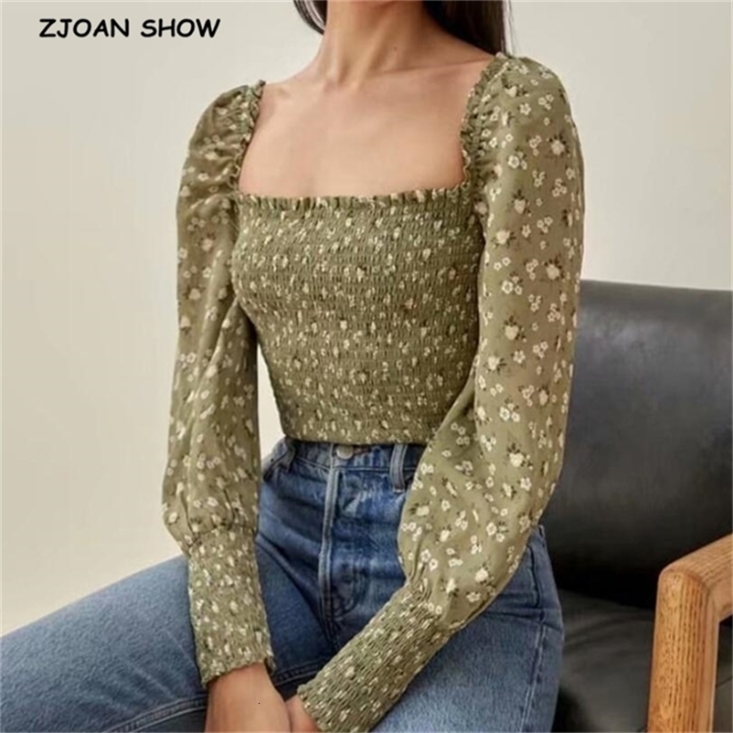Vintage Green Flower Print Crop Shirt Women Sexy Square Neck Elastic Ruched Body Slim Fit Blouse French Summer Elegant Tops 210429