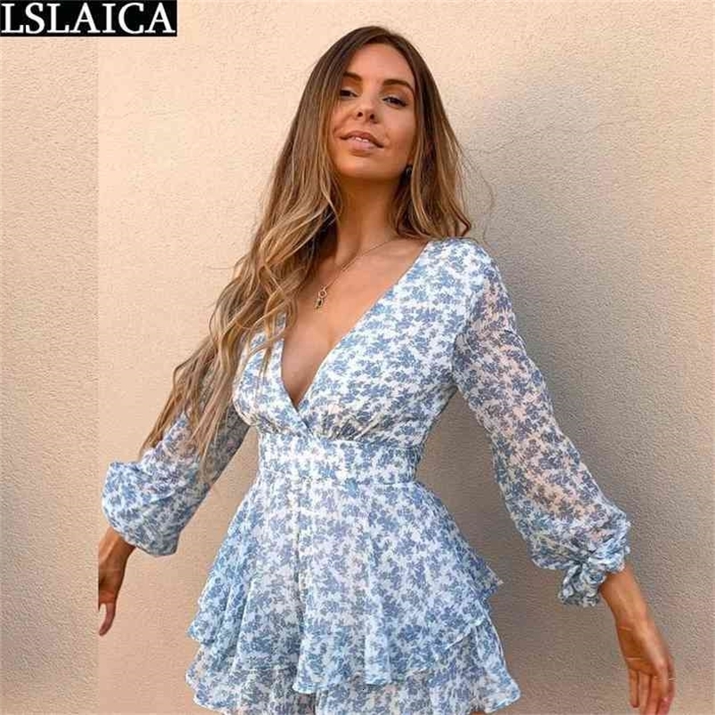 Fashion Woman Dress Floral Print Long Sleeve V Neck Ruffle Female Mini Sexy High Waist Summer Beach Holiday 210515