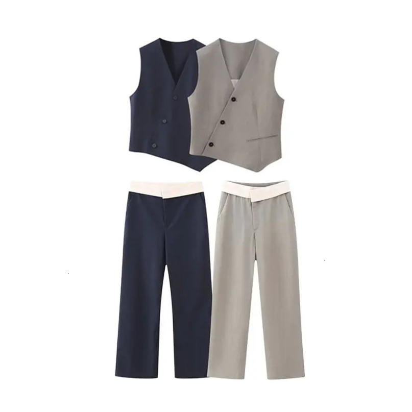 TELLHONEY Women Fashion VNeck Single Breasted Vest Front Zipper Wide Leg Pants Casual Contrast Color Two Piece Set 240423