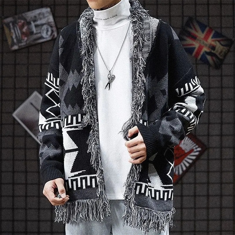 Mens tassel knitted cardigan mens graphic retro thin jacket Korean review top street clothing public original Y2k 241205