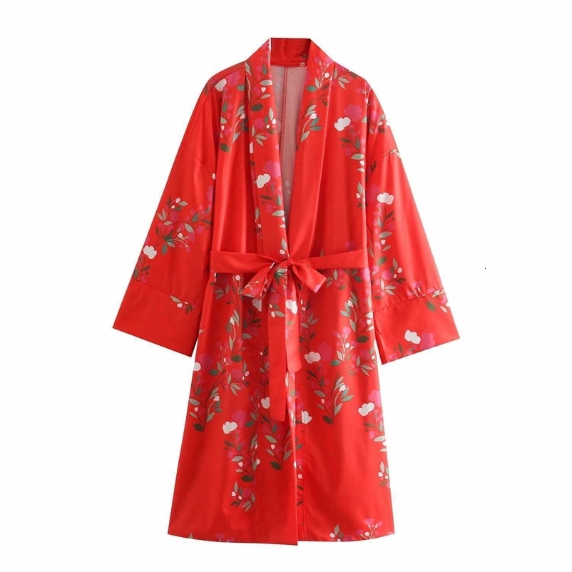 Summer Floral Printed Dress Women Belted Long Sleeves Vintage Casual Fashion Chic Lady Kimono Maxi dress Women 210709