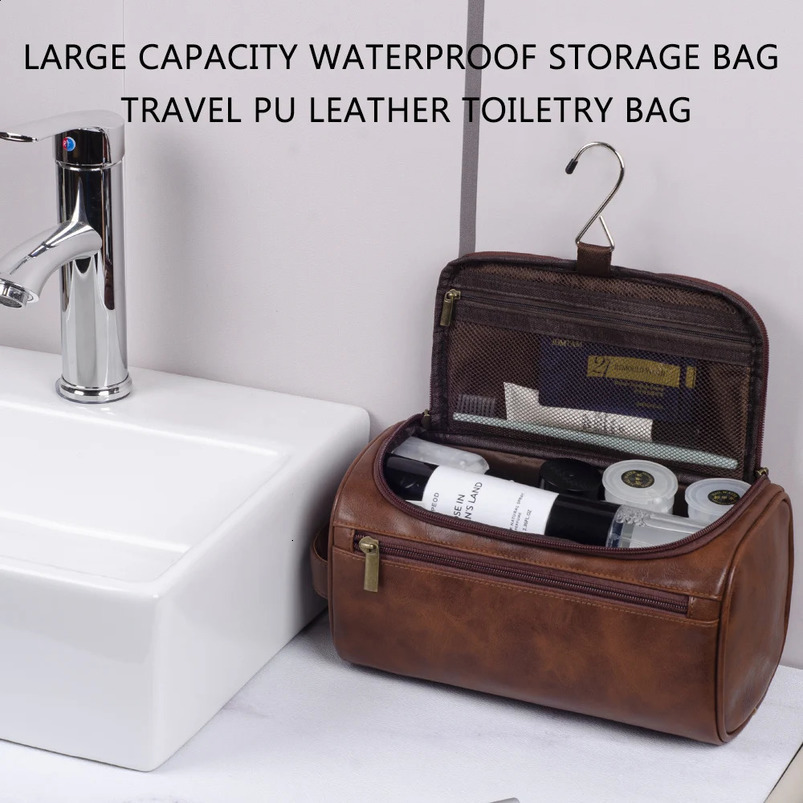 Leather Toiletry Bag for Men Women Dopp Kit Mens Hanging Travel Traveling Large Cosmetic T 240722