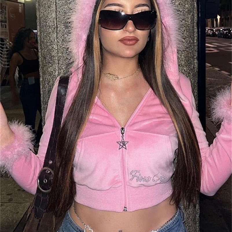 Women's Jackets Fall Outfits Jacket For Women Pink Fashion Zipper Jackets Patchwork feather Jackets Coats Long Sleeve Slim Crop Top Fashion 23080