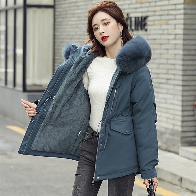 New Winter Women Parkas Thick Warm Down Cotton Jacket Coats Big fur collar Zipper Padded parka Pocket Stand collar Shiny coat 201019